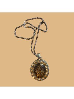 Leopard Print Pendant Necklace Rhinestone  Twisted Chain